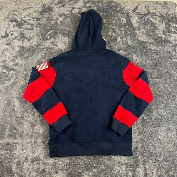 Polo Ralph Lauren Fleece Hoodie USA Flag Spellout Youth L Striped Navy Blue - Picture 8 of 10